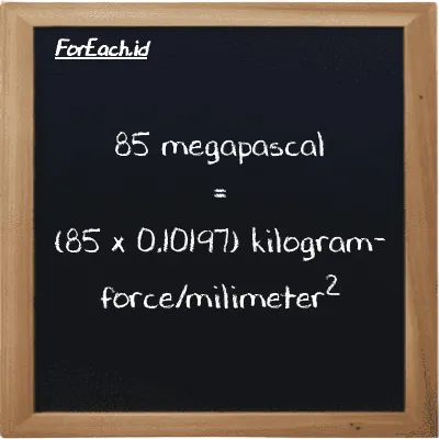 85 megapascal is equivalent to 8.6676 kilogram-force/milimeter<sup>2</sup> (85 MPa is equivalent to 8.6676 kgf/mm<sup>2</sup>)